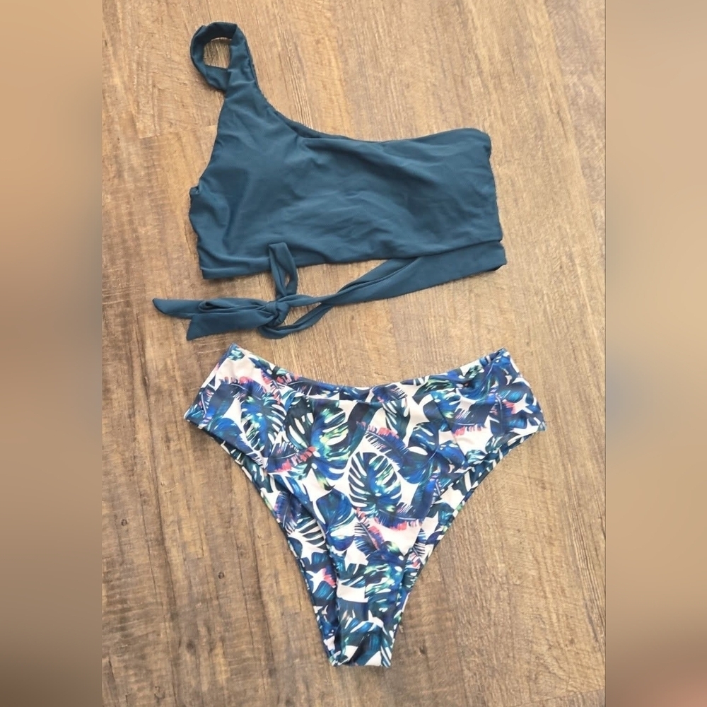 Women's One-Shoulder Tropical Print Bikini Set – Teal – Size Large Waist Tie